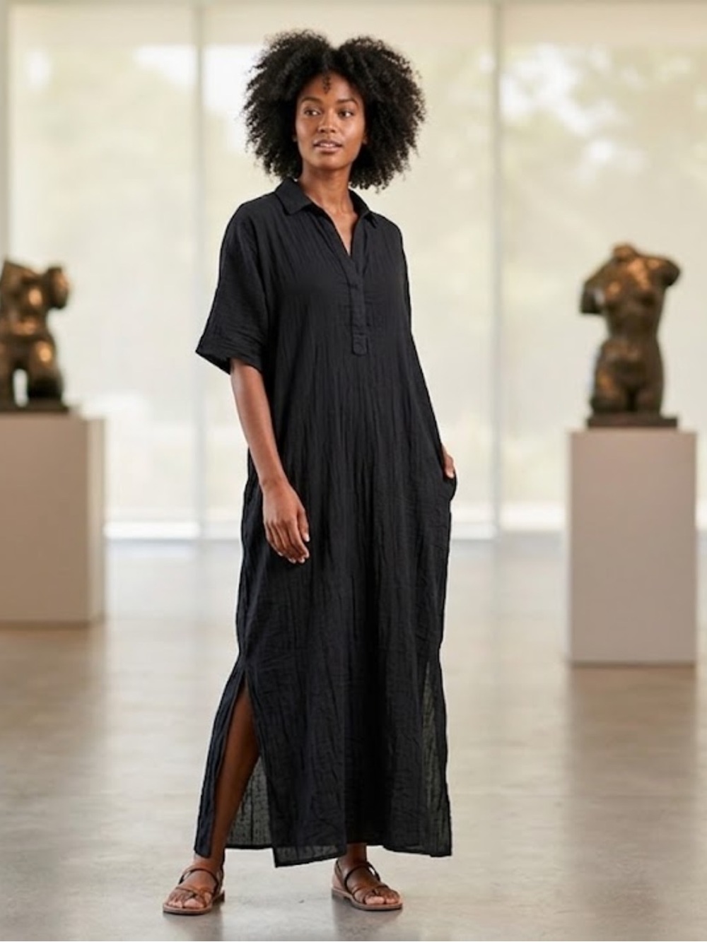 Ocean+Main Los Angeles Black Long Cotton Caftan Dress Size S/M